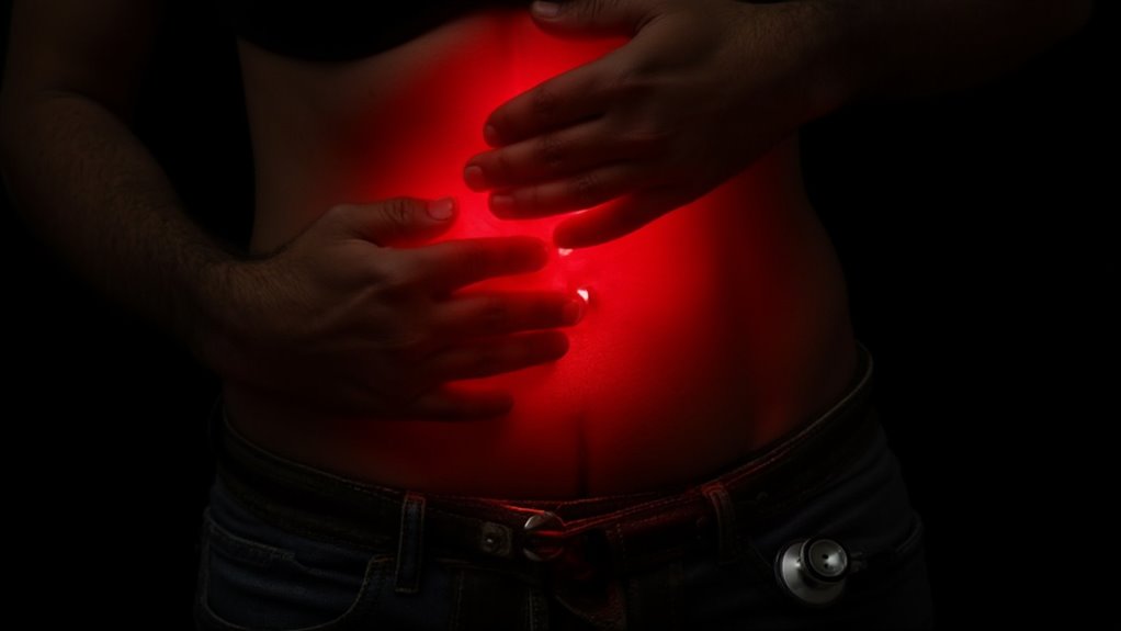 A person holds their hands over their bare stomach, illuminated by a glowing red light that highlights the abdominal area—evoking thoughts of belly fat reduction against a dark background.