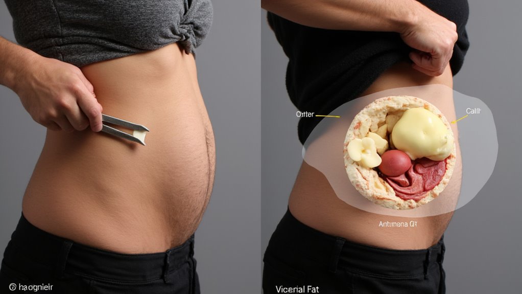 A person pinches their belly fat on the left; on the right, a diagram shows the abdominal cross-section with labeled areas of visceral and subcutaneous fat, illustrating how to lose belly fat and understand stomach weight loss.