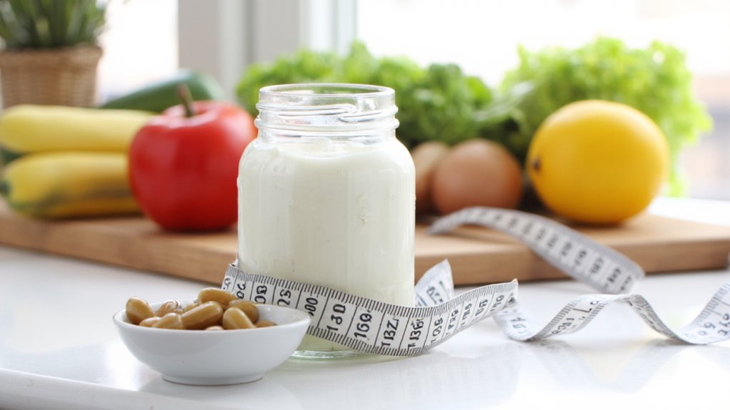 A jar of yogurt wrapped with a measuring tape sits on a white counter near a small bowl of capsules—ideal for those seeking flat stomach tips. In the background, fresh vegetables and fruits rest on a wooden cutting board.