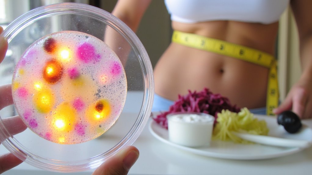 A hand holds a petri dish with colorful bacterial colonies, while in the background, a person with a measuring tape around their waist stands near a plate of healthy food, highlighting flat stomach tips and the importance of visceral fat loss.