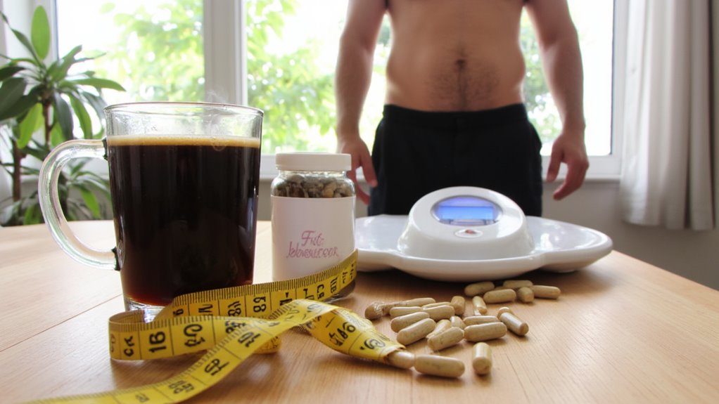 A glass of black coffee, a tape measure, weight loss pills, and a supplement bottle are on a table. In the background, a shirtless man stands by a digital scale, pondering: Do fat burners really work for stomach fat?.