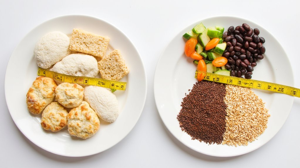 Two white plates: one with breads and cakes, the other with vegetables, beans, seeds, and grains. A yellow measuring tape lies across both plates, illustrating flat stomach tips for portion control and how to lose belly fat.