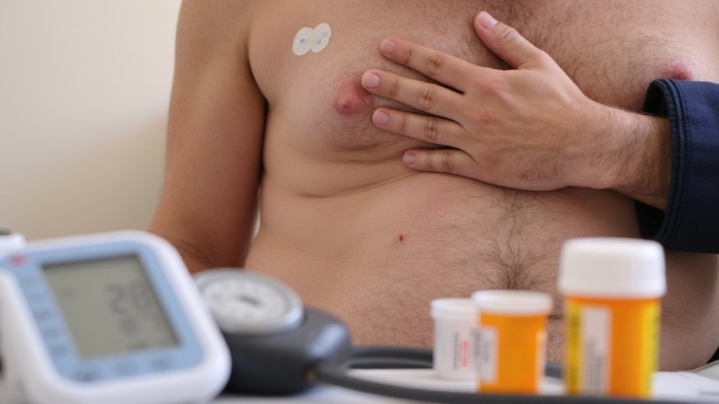 A person with a monitoring electrode on their chest holds a hand over their heart. Blood pressure and medical devices, plus prescription pill bottles, hint at the challenges of belly fat reduction and maintaining good health.