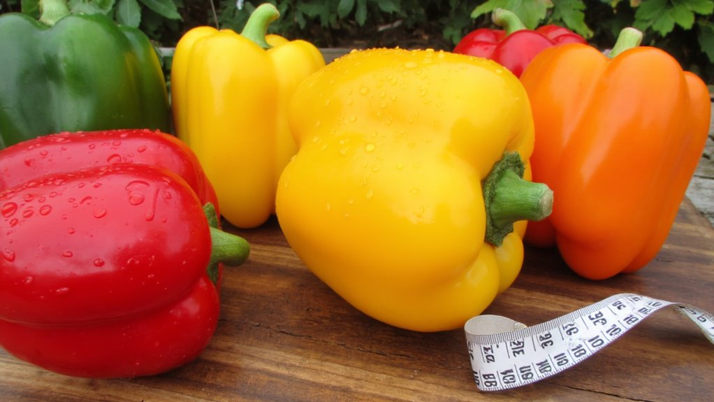 Colorful bell peppers—red, yellow, orange, and green—rest on a wooden surface outdoors. Some have water droplets on them and a measuring tape is nearby, highlighting flat stomach tips in a fresh, natural setting. Greenery is visible in the background.