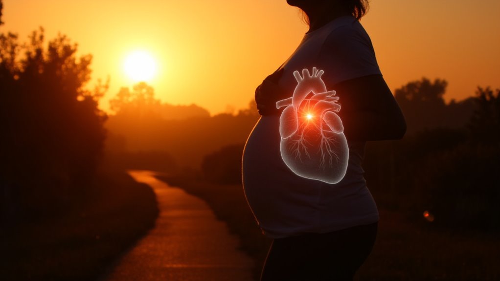A pregnant person stands outdoors at sunset, with a digital heart glowing on their belly, symbolizing the connection between heart health and pregnancy as well as the importance of belly fat reduction during this special time.