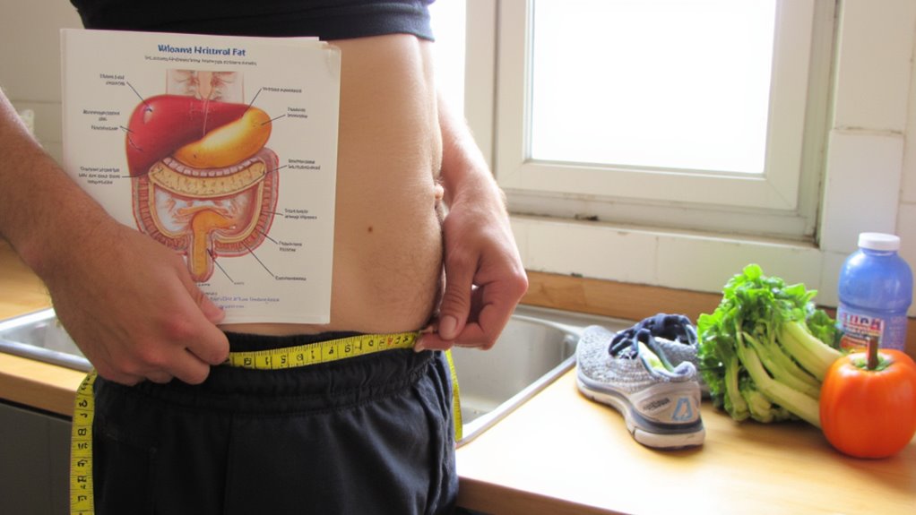 A person measures their waist with a tape while holding an anatomical diagram of abdominal fat. On the counter, healthy foods and workout gear hint at flat stomach tips and how to lose belly fat for a healthier lifestyle.