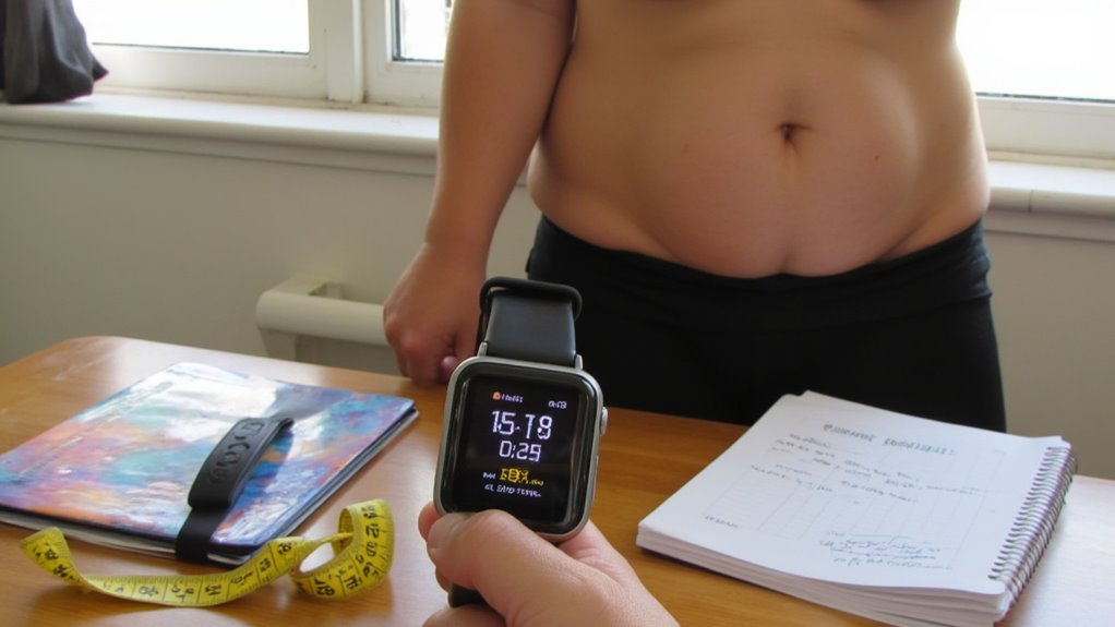 A person in workout clothes stands by a table with a notebook, folder, and measuring tape—tools often used for tracking visceral fat loss. In the foreground, another hand holds a smartwatch showing a workout timer and heart rate.