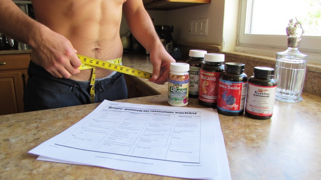 A person measures their waist with a yellow tape measure in a kitchen, next to supplement bottles and a printed nutrition plan—maybe wondering, "Do Fat Burners Really Work for Stomach?.