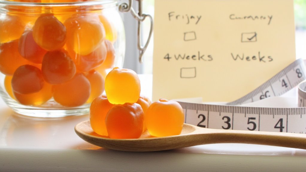 A wooden spoon with orange gummy supplements, a jar of similar gummies, a measuring tape, and a sticky note with a checklist and "4 Weeks" hint at tools for stomach weight loss and tracking progress.