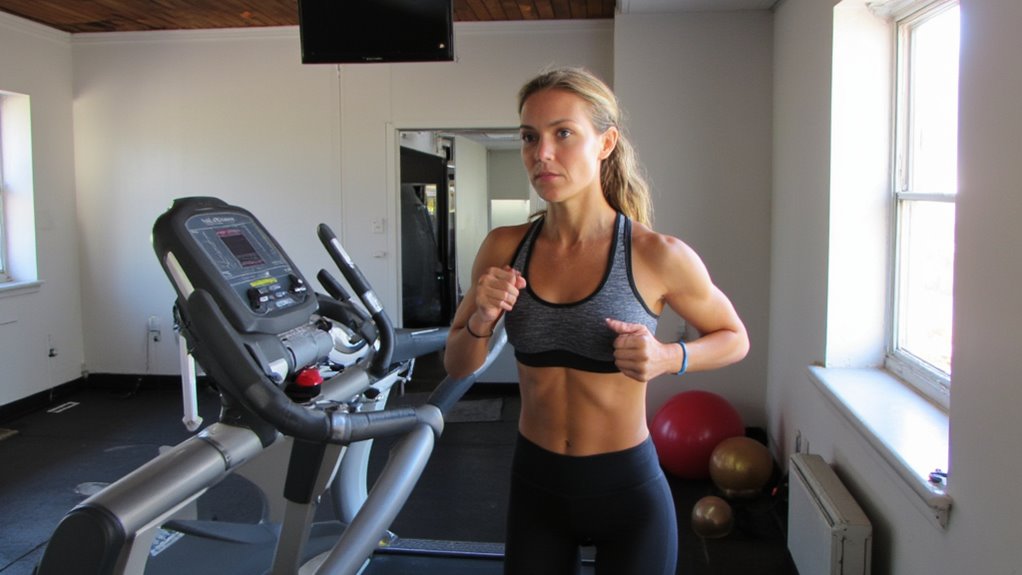 A woman in athletic wear runs on a treadmill in a bright gym, looking focused on stomach weight loss. Exercise balls and a large window are in the background, creating an energizing space for her fitness journey.