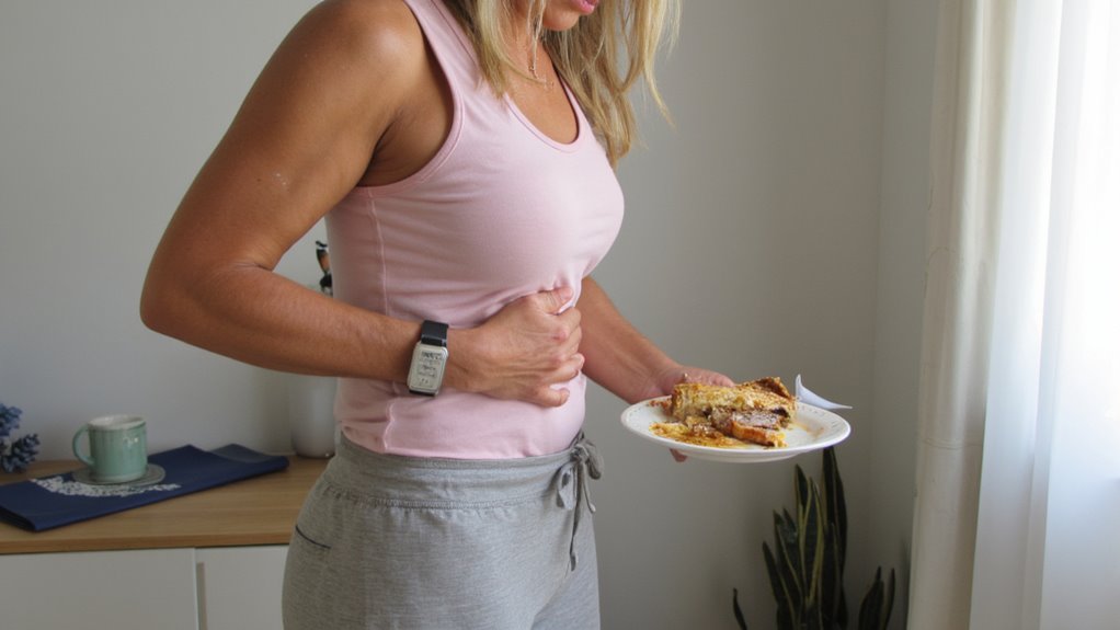 A woman in a pink tank top and gray pants holds her stomach with one hand and a plate of food with the other, appearing to experience discomfort, possibly concerned about stomach weight loss or belly fat reduction.