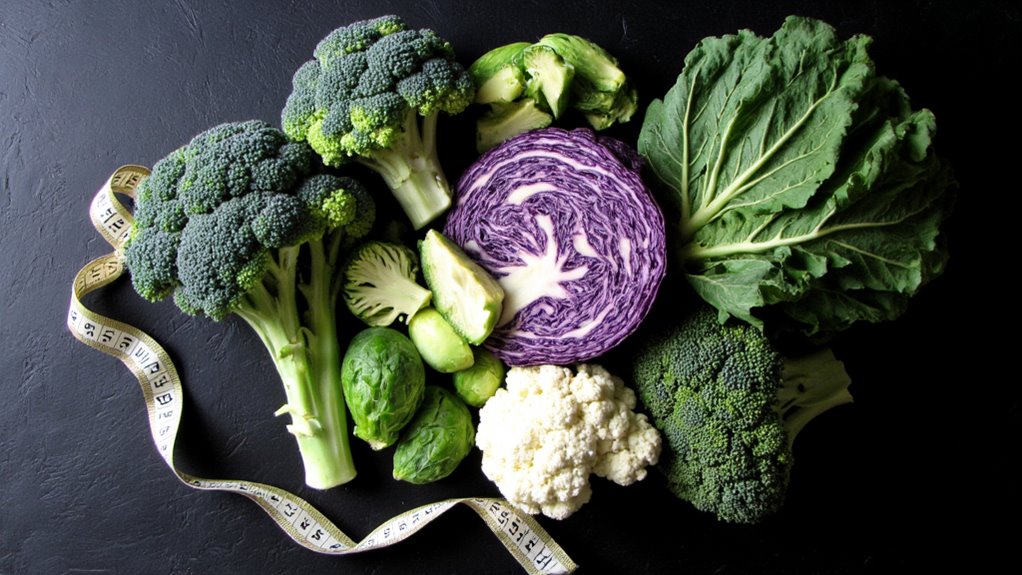 An assortment of fresh green and purple vegetables, including broccoli, cabbage, spinach, brussels sprouts, and cauliflower, arranged on a dark surface with a measuring tape—perfect for anyone seeking effective belly fat reduction.