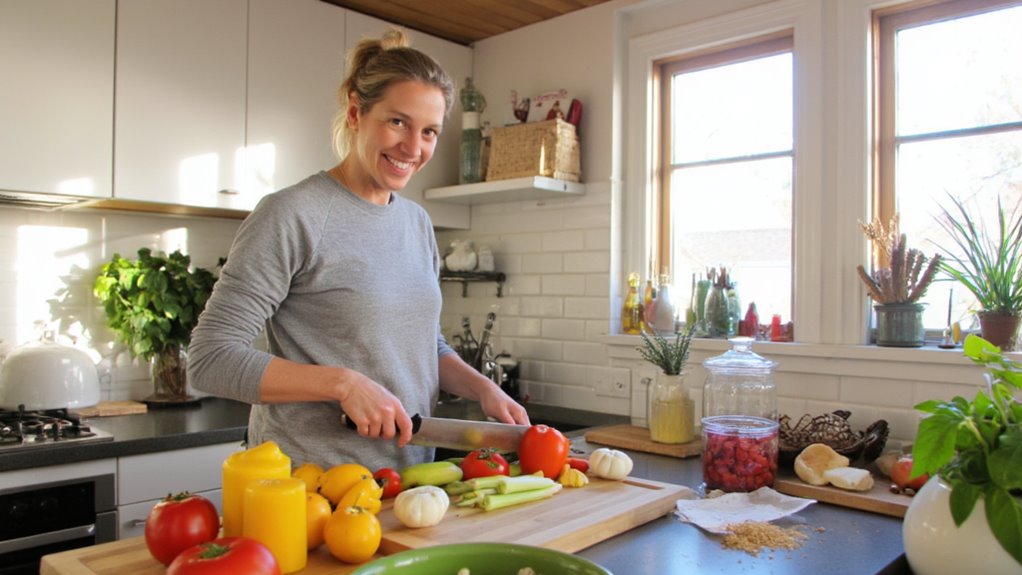 A woman smiles at the camera while chopping vegetables, including tomatoes, celery, and peppers—perfect ingredients for belly fat reduction—in a bright kitchen filled with sunlight. Various healthy foods and plants are visible on the counters.