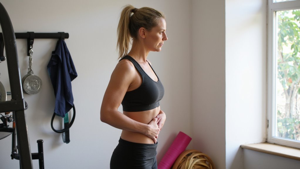 A woman in athletic wear stands indoors, holding her abdomen and looking out a window, contemplating belly fat reduction. Exercise equipment and clothing hang on the wall behind her as natural light streams through the window.