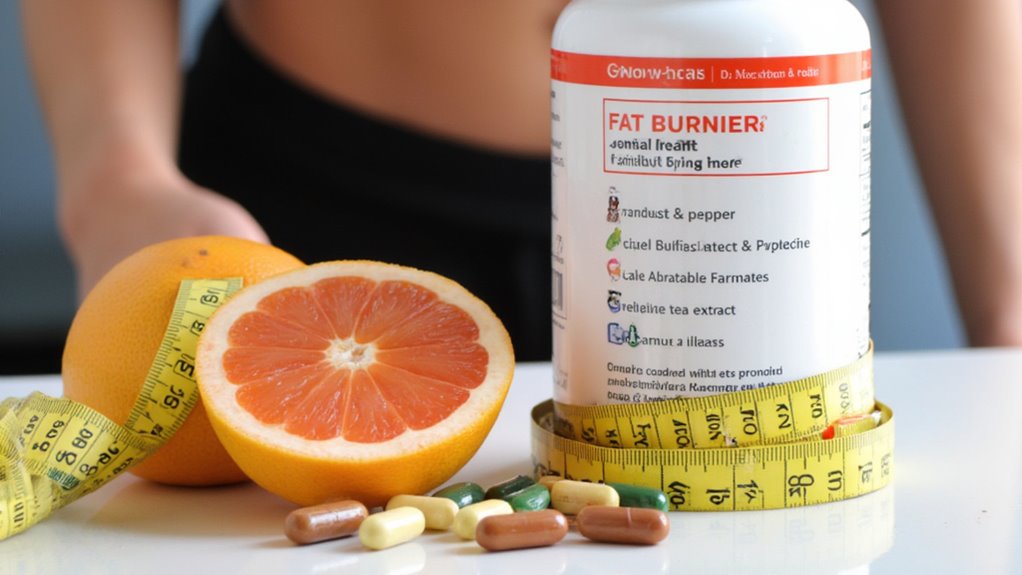 A halved grapefruit, a yellow measuring tape, assorted pills, and a "Fat Burnier" bottle rest on a surface, raising the question: Do fat burners really work for stomach slimming? The blurred background keeps the focus on weight loss themes.