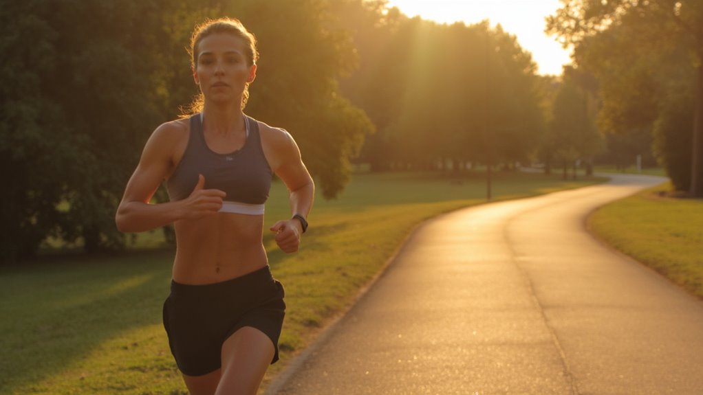 A woman in athletic wear runs on a sunlit, winding path through a park, surrounded by green grass and trees in the early morning or late afternoon—an inspiring scene that highlights how to lose belly fat through regular exercise.