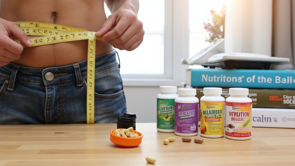 A person measures their waist with a tape measure beside a table of supplement bottles, pills, and books about nutrition and balance, perhaps wondering: Do fat burners really work for stomach fat in this brightly lit room?.