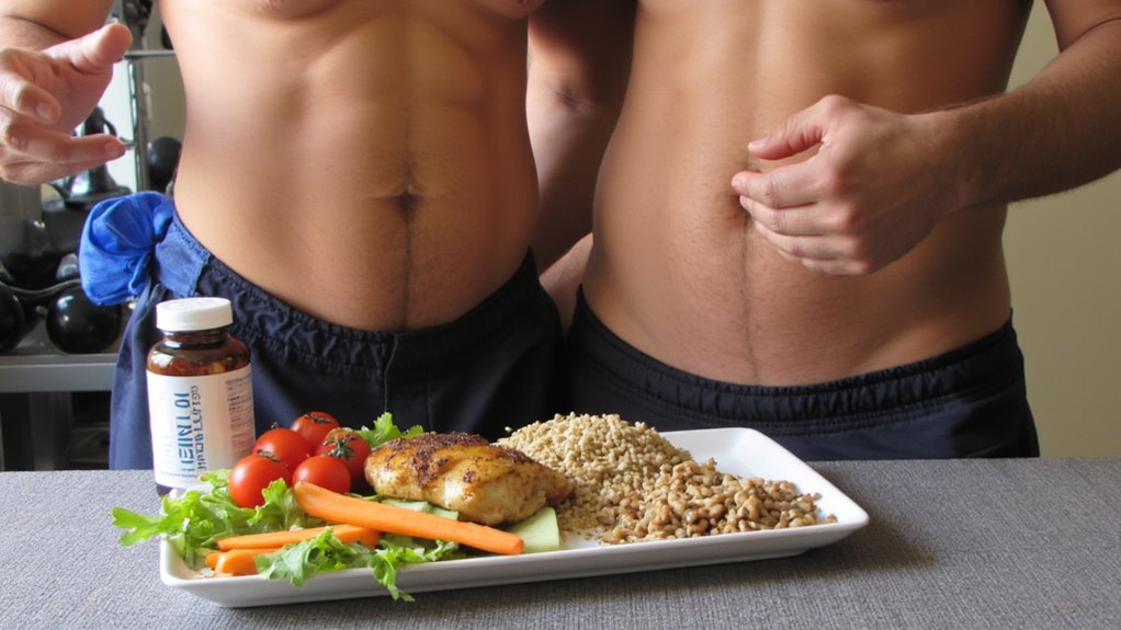 Two shirtless people with defined abs stand behind a plate of grilled chicken, mixed grains, veggies, and a bottle of protein supplements—inviting you to wonder: Do fat burners really work for stomach results like these? Faces are not visible.