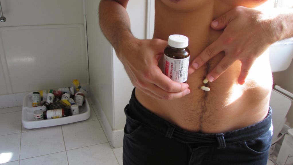 A person standing in a bathroom holds a pill bottle and places pills on their bare abdomen, perhaps wondering, "Do fat burners really work for stomach?" Several other pill bottles are scattered in a tray on the floor nearby.