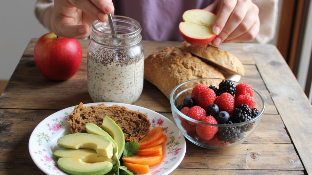 A person prepares a nutritious breakfast with avocado, tomato, brown bread, mixed berries, chia yogurt, and an apple—perfect choices for those seeking how to lose belly fat and support stomach weight loss on a healthy journey.