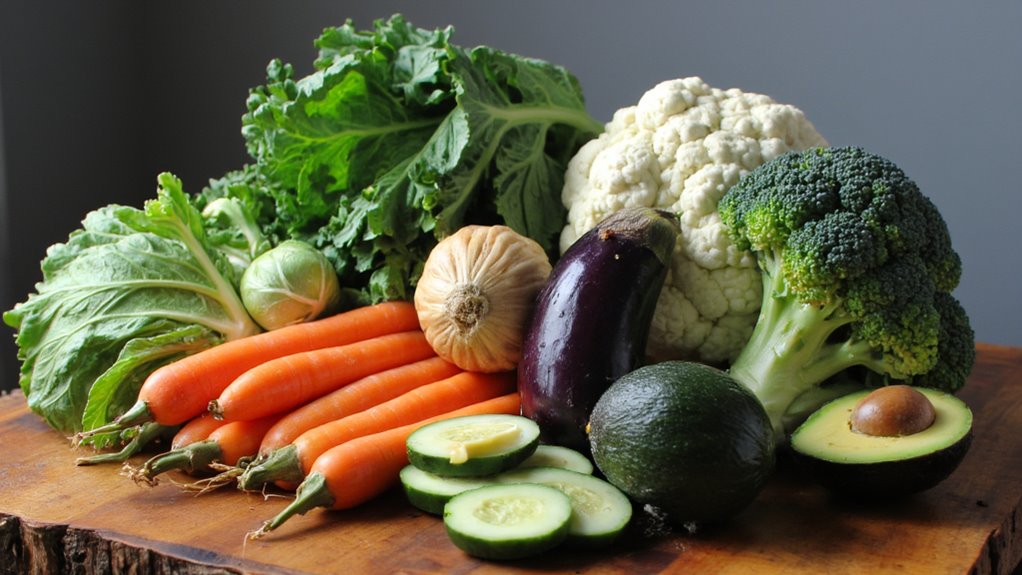 A variety of fresh vegetables, including carrots, cabbage, kale, a small pumpkin, eggplant, cucumber slices, avocado halves, cauliflower, and broccoli—perfect for those seeking flat stomach tips—are arranged on a wooden surface against a gray background.