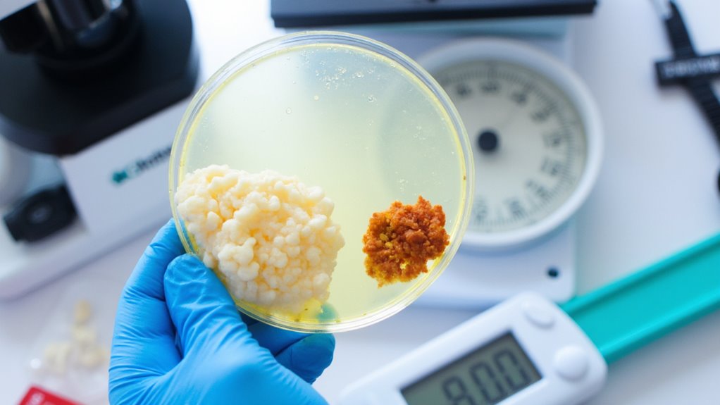 A gloved hand holds a petri dish with two clusters of substances, one white and one brownish-orange, over laboratory equipment including a scale and digital thermometer—possibly illustrating research on how to lose belly fat.