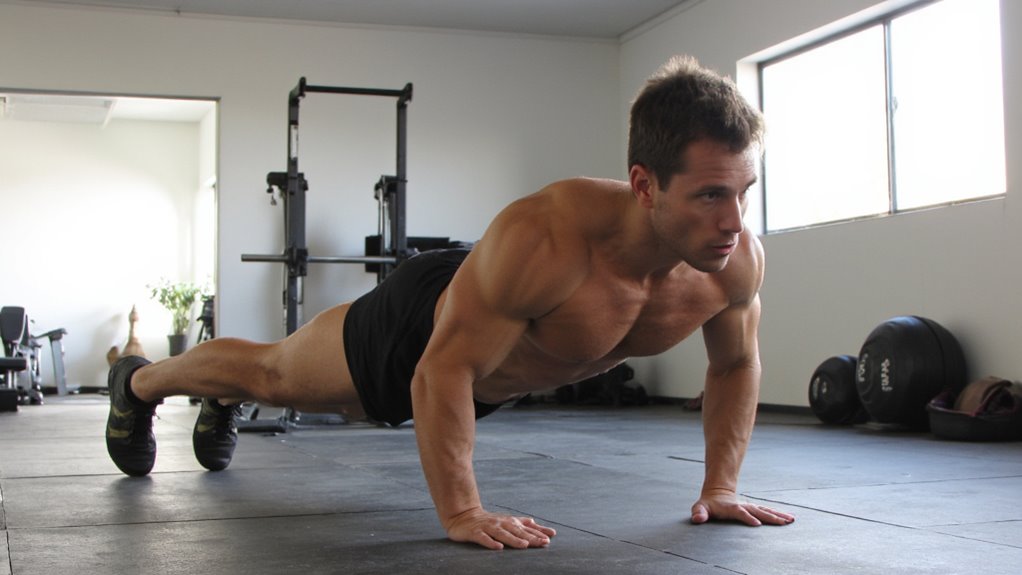 A man in athletic shorts and shoes performs a push-up on a gym floor, surrounded by equipment and weights, as sunlight streams through the window—showcasing one of the Best Ab Exercises for Belly Fat.