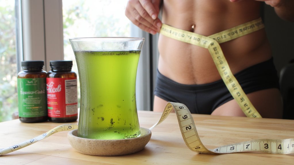 A person in black underwear measures their waist near a green drink and two supplement bottles, highlighting a focus on weight loss and raising the question: Do fat burners really work for stomach slimming?.