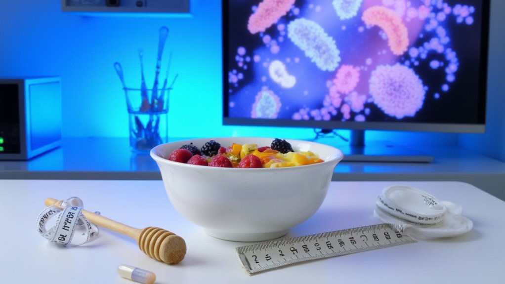 A bowl of fruit topped with berries sits on a white table with a honey dipper, tape measure, capsule, and face mask nearby; lab equipment and a monitor showing colorful bacteria suggest a focus on belly fat reduction.