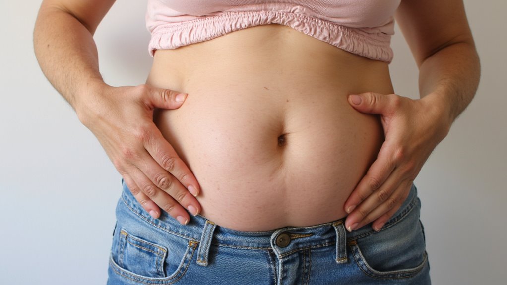 A person wearing jeans and a pink crop top holds their slightly bloated stomach with both hands, standing against a neutral background—reflecting the desire for belly fat reduction.