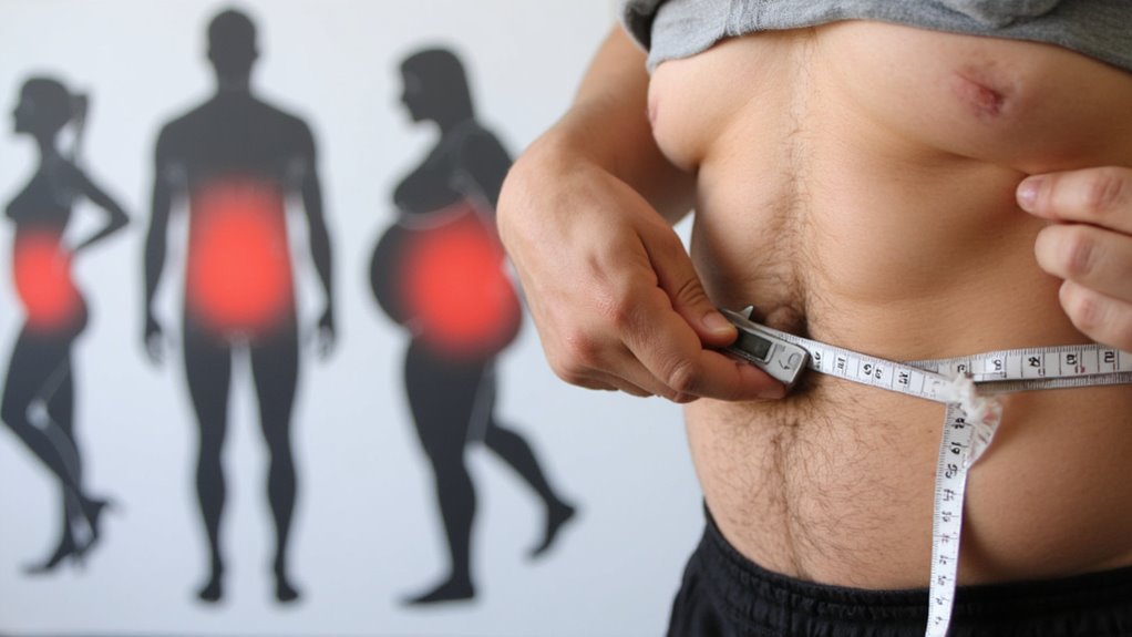 A person measures their waist with a tape measure. In the background, silhouettes of a woman, man, and pregnant woman show red highlights on their abdominal areas, emphasizing the importance of visceral fat loss.