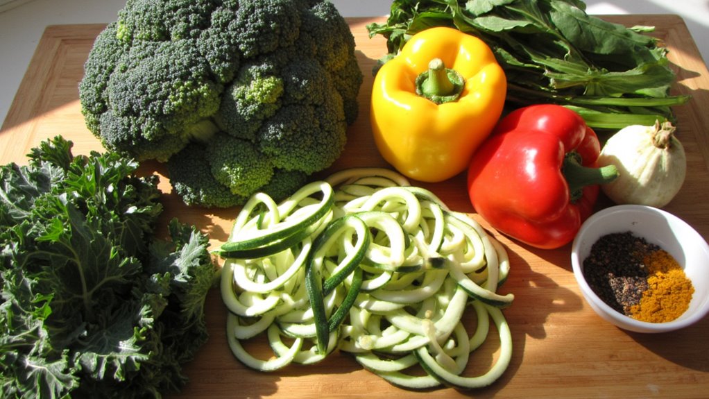 A variety of fresh vegetables on a wooden cutting board, including broccoli, kale, spiralized zucchini, peppers, greens, and squash—perfect ingredients to support belly fat reduction and healthy eating. A bowl of spices adds flavor without extra calories.