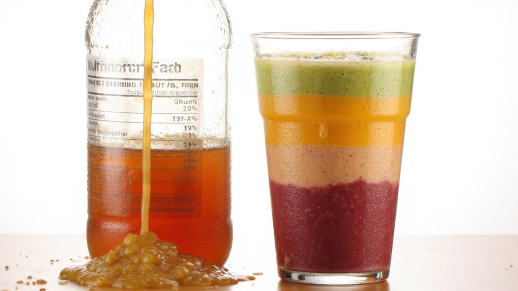 A glass of layered smoothie in purple, beige, orange, and green sits next to an overflowing bottle pouring orange liquid onto the table—perfect for those seeking flat stomach tips.