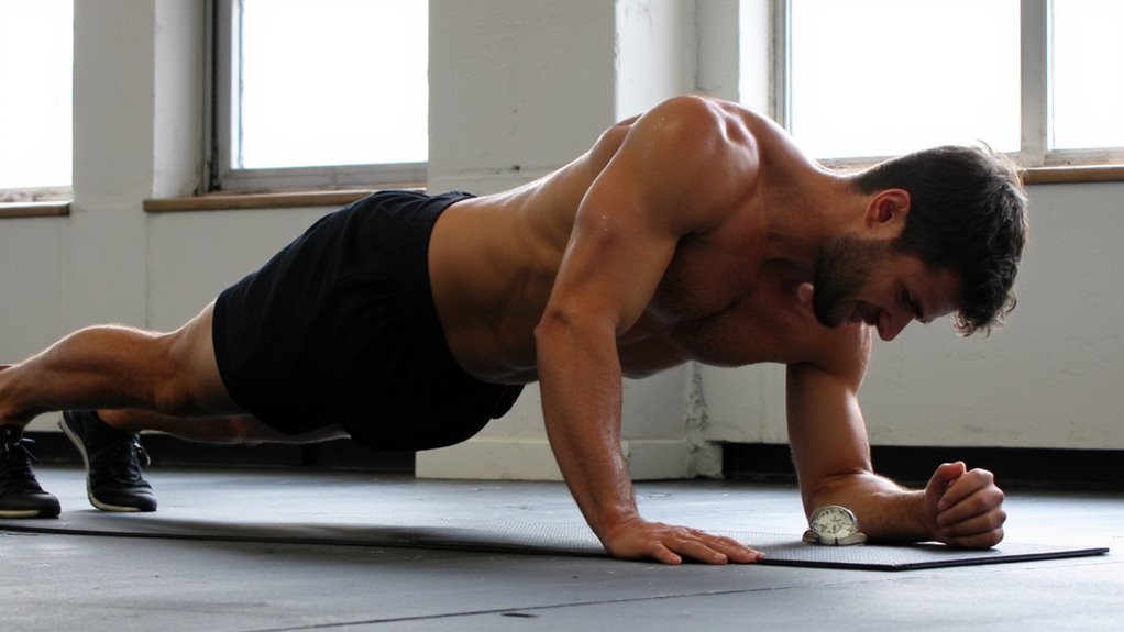 A man wearing black shorts performs a plank exercise on a mat in a bright room with large windows, supporting his body with one forearm and the opposite hand—an effective move for stomach weight loss.