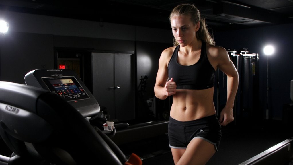 A woman in athletic wear is running on a treadmill in a dimly lit gym, focused on her workout for stomach weight loss. Gym equipment and lights are visible in the background.