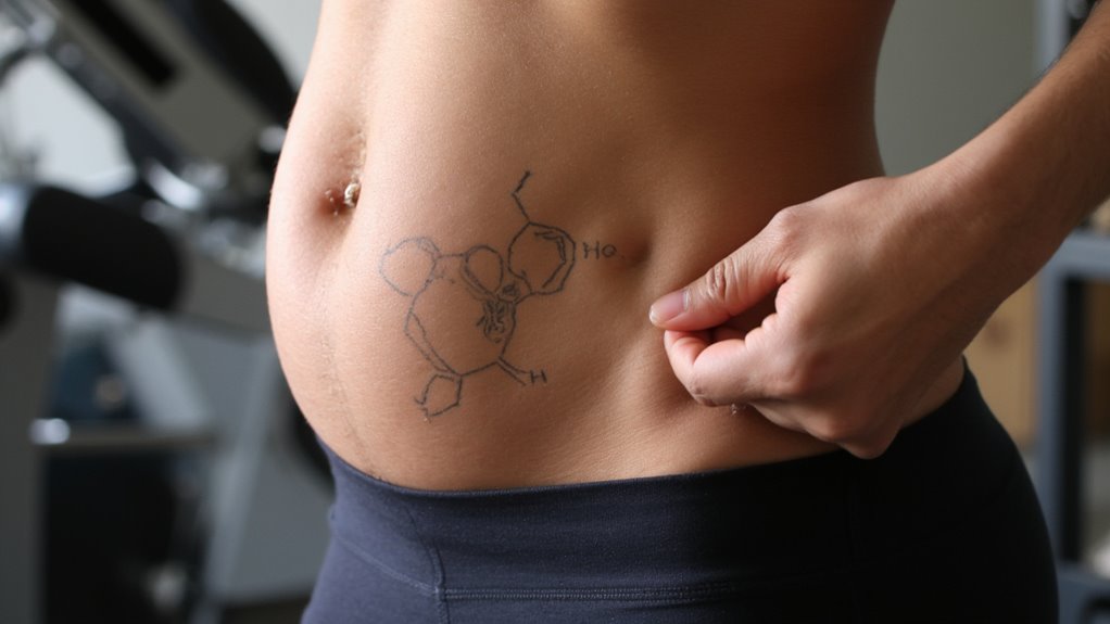 A person wearing black pants pulls the skin on their abdomen, revealing a tattoo of a chemical structure near their ribcage—an image that highlights body confidence and inspires those seeking flat stomach tips.