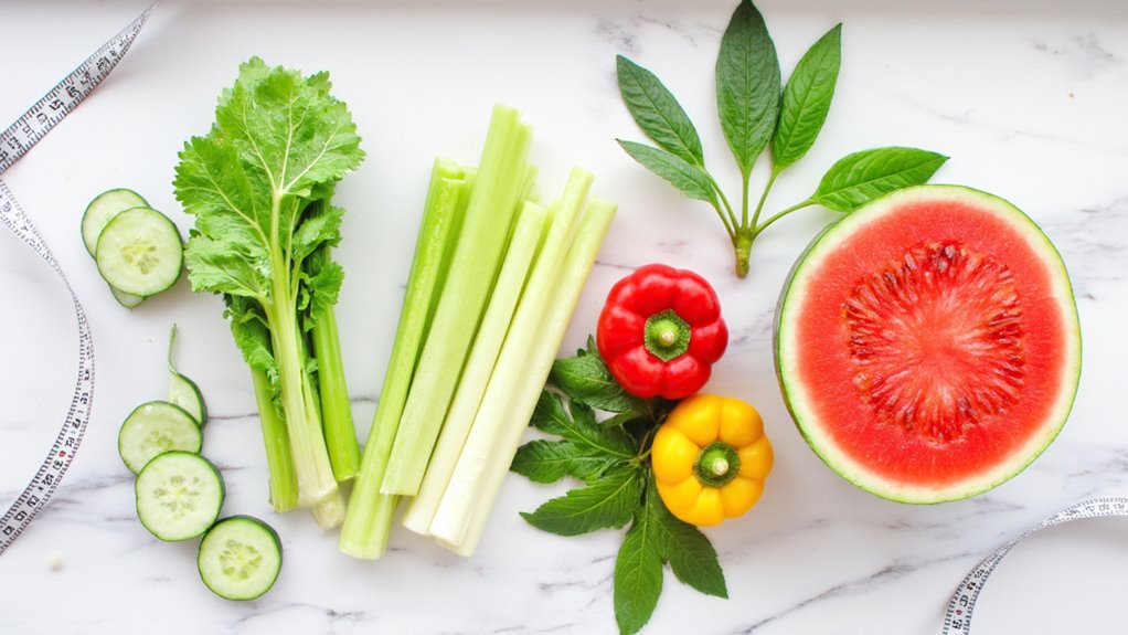 A variety of fresh vegetables and fruit, including cucumber slices, leafy greens, celery stalks, red and yellow bell peppers, mint leaves, and a halved watermelon—perfect choices for stomach weight loss—arranged on a white surface with a measuring tape.