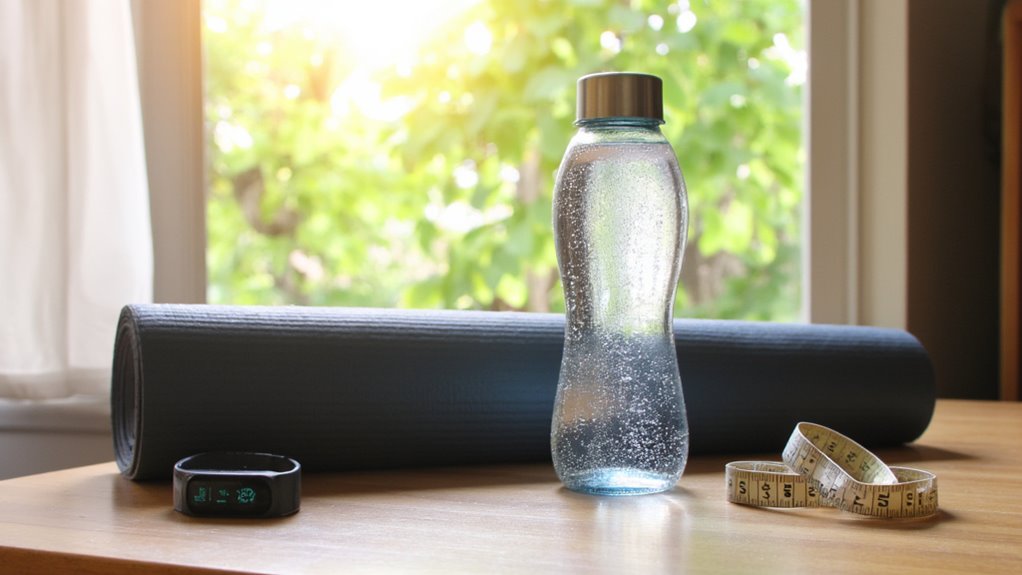 A water bottle, rolled yoga mat, fitness tracker, and tape measure sit on a wooden table by a window with sunlight streaming in—perfect essentials for anyone focused on flat stomach tips or aiming to lose belly fat.