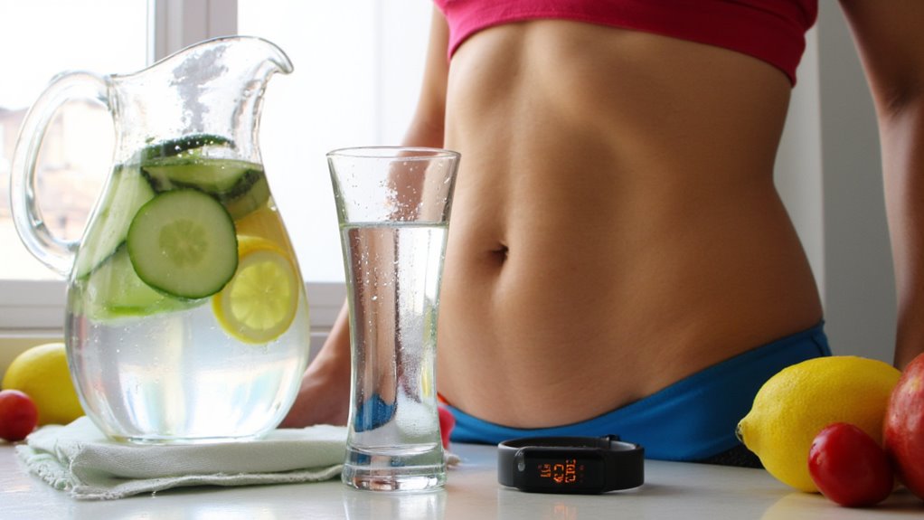 A person in a pink sports top stands behind a glass and a pitcher of water with cucumber and lemon slices—refreshing choices often recommended in flat stomach tips. A fitness tracker, lemons, and cherry tomatoes are on the table.