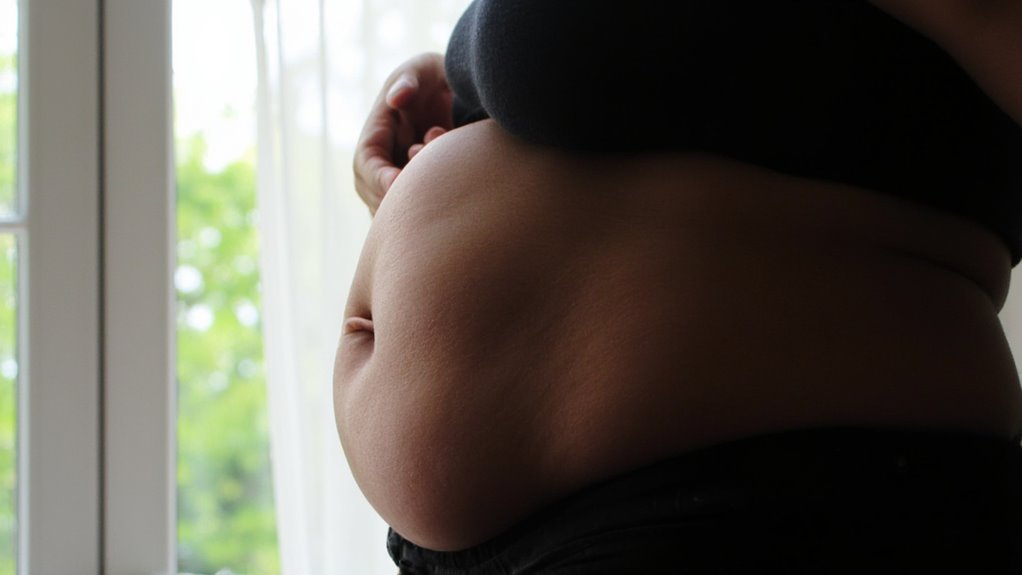 A close-up of a pregnant person's belly, with one hand resting on top, standing near a window with daylight coming through sheer curtains—embracing the journey before considering stomach weight loss after pregnancy.