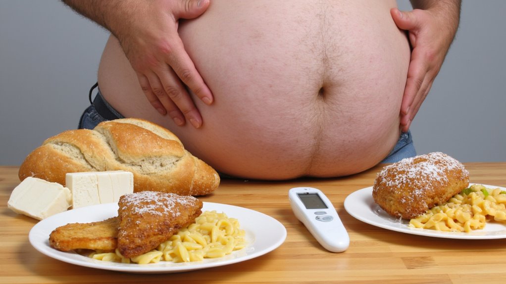 A person with a large, exposed belly stands behind a table with plates of fried food and pasta, bread, cheese, and a blood glucose meter—highlighting the need for flat stomach tips and advice on visceral fat loss.