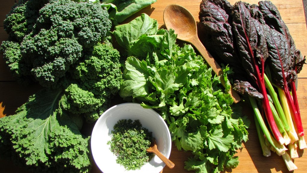 A variety of leafy green vegetables, including kale, spinach, and Swiss chard—ideal for stomach weight loss—are arranged on a wooden surface with a wooden spoon and a small white bowl containing chopped herbs.