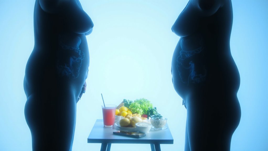 Two pregnant people stand facing each other in silhouette, with a table between them holding various foods—like a drink, lemons, and lettuce—against a bright blue background, inspiring conversations about healthy eating and how to lose belly fat.