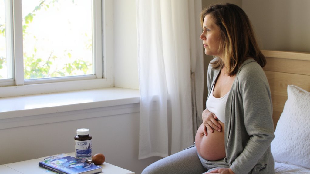 A pregnant woman in comfortable clothes sits on a bed, gently holding her belly and looking thoughtfully out a window. A table beside her holds vitamins, an egg, and a book on how to lose belly fat safely after pregnancy.