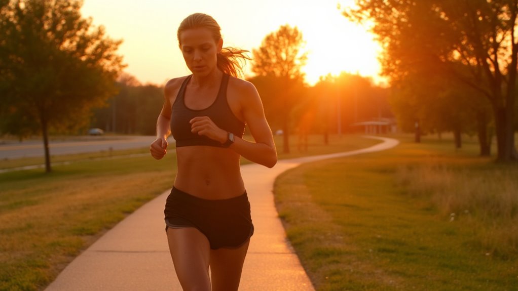 A woman in athletic wear jogs on a paved path through a park at sunset, surrounded by trees and golden sunlight—a perfect setting for those seeking visceral fat loss or learning how to lose belly fat naturally.