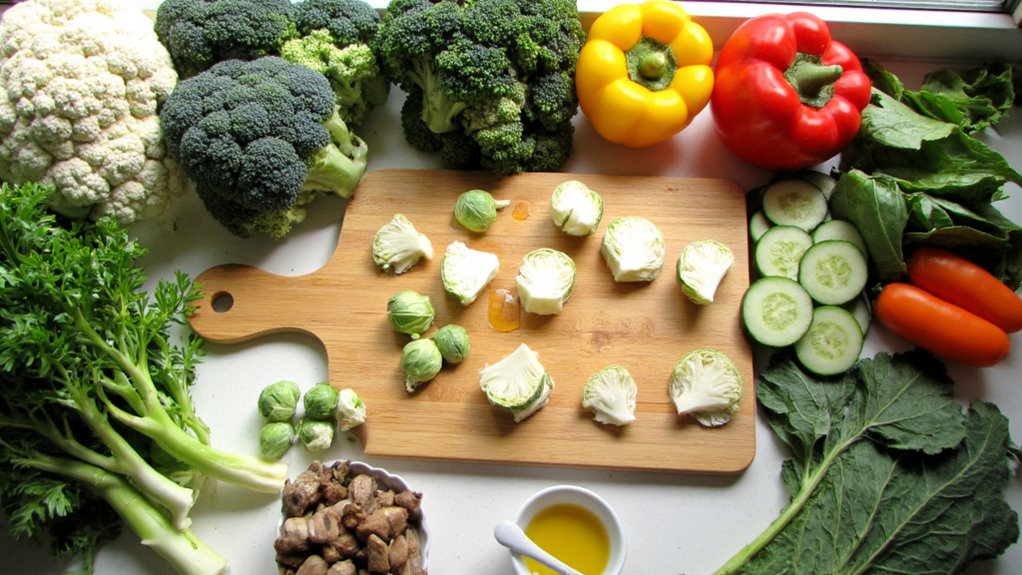 A wooden cutting board with halved Brussels sprouts is surrounded by cauliflower, broccoli, colorful bell peppers, cucumbers, carrots, tomatoes, leafy greens, mushrooms, and a small bowl of oil—perfect veggies for those seeking visceral fat loss.