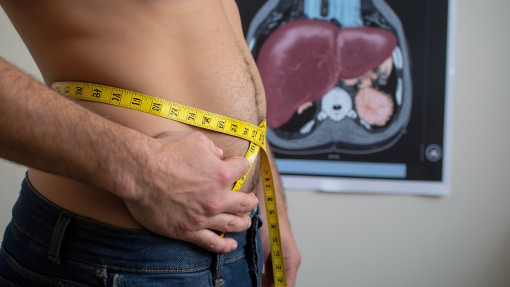 A person measures their waist with a yellow tape, while a medical scan showing internal organs, including the liver, appears in the background—highlighting how to lose belly fat and emphasizing visceral fat loss for better health.