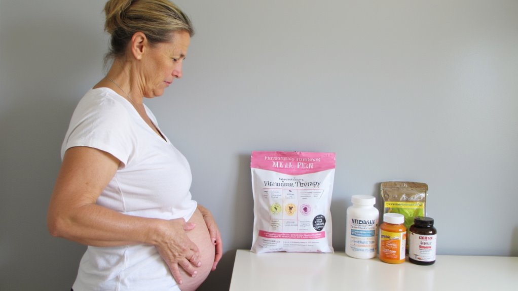 A pregnant woman in a white shirt stands by a table, gently holding her belly, with several bottles and packets of vitamins and supplements arranged in front of her, considering safe options for belly fat reduction during pregnancy.