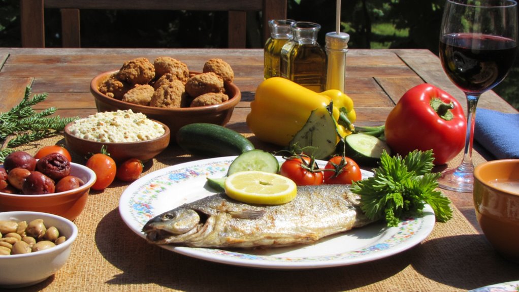 A table set outdoors with a plate of grilled fish garnished with lemon and herbs—perfect for those seeking flat stomach tips—surrounded by fresh vegetables, olives, bread, dips, a glass of red wine, olive oil, and colorful bell peppers.