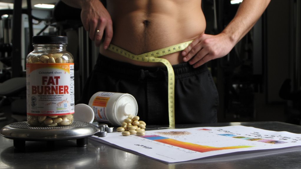 A person measures their waist with a tape measure beside bottles of fat burner pills, a spilled bottle, scattered pills, and a fitness chart—highlighting the question: Do Fat Burners Really Work for Stomach?.